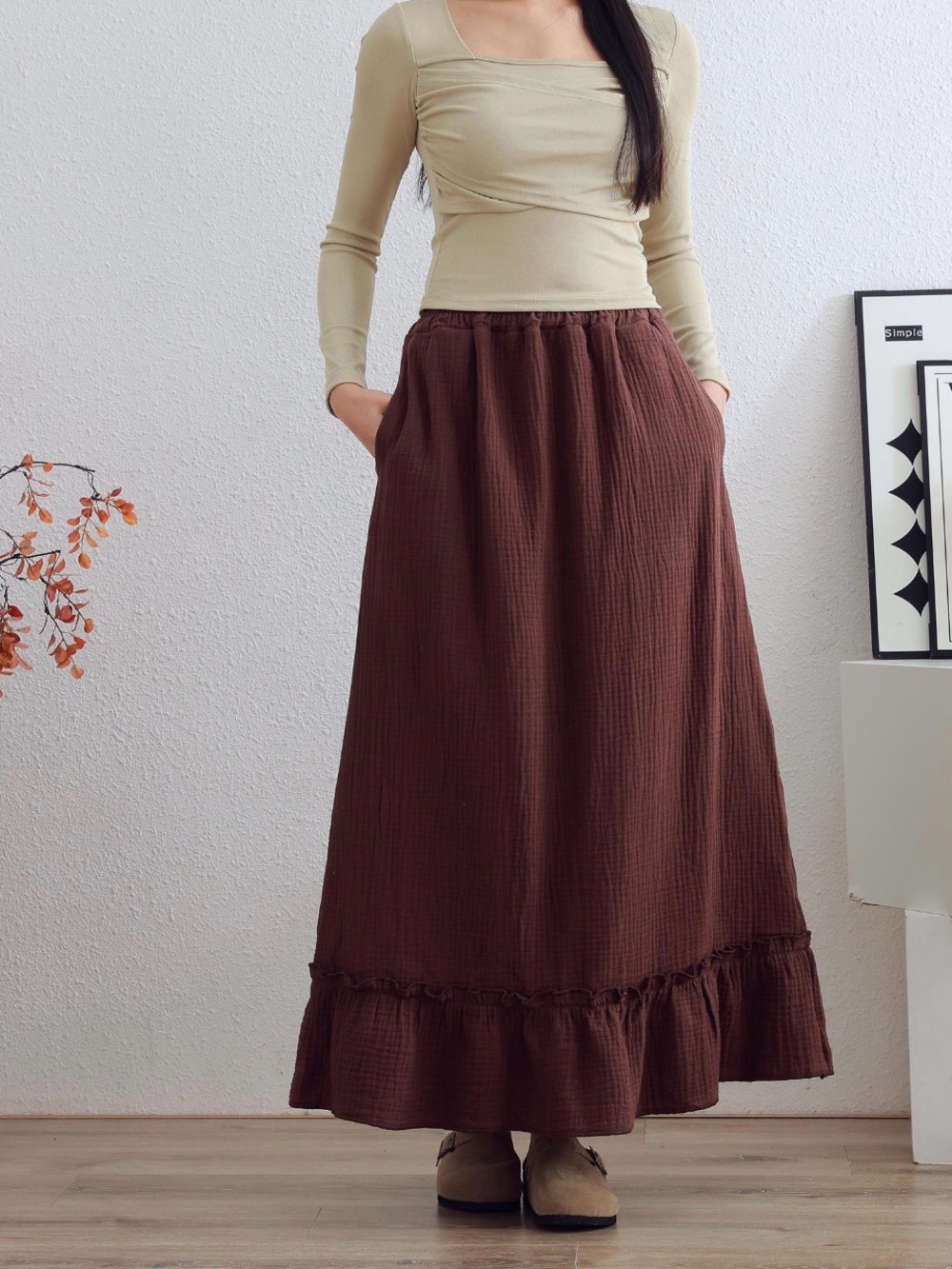 Brown double gauze cotton maxi skirt with pockets (size L)